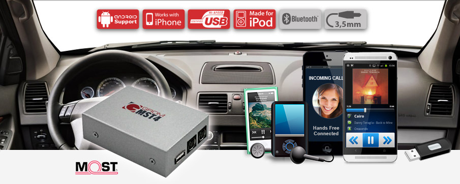 Introducing GROM-MST4 music CarKit for integrating Android + iPhone / iPod via the USB interface specially designed for vehicles with MOST bus system