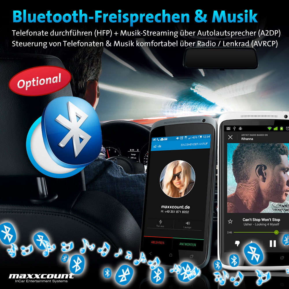 Bluetooth handsfree and audio streaming via an optional Bluetooth module possible